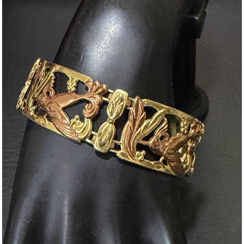 Hummingbird Link Bracelet Womens Two Tone Gold Copper Tone Filigree